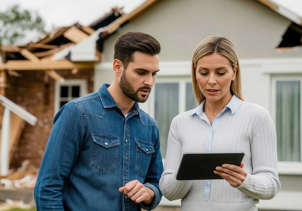 Homeowner reviewing an insurance policy beside a laptop, roof inspection notes, and home maintenance receipts.